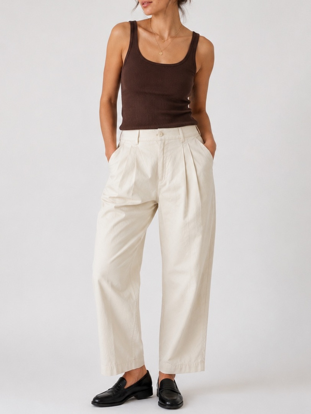 High-Waist Pleated Wide-Leg Pants — Cream